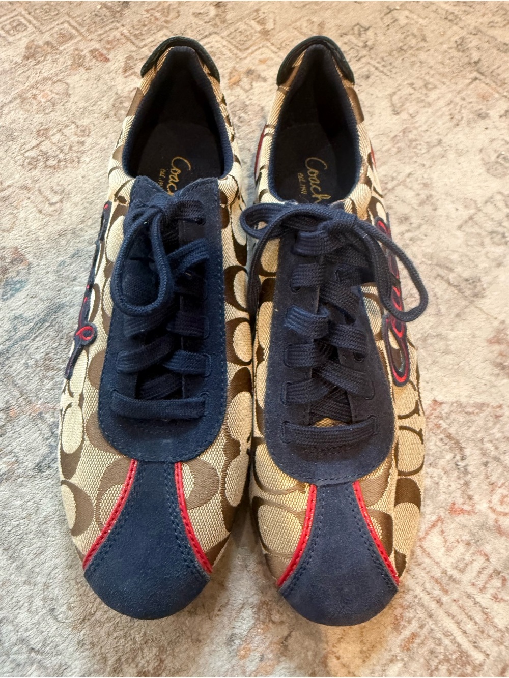 Coach Kids Tan Signature Canvas Sneakers with Navy & Red Accents